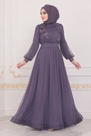 Women S Leaf Detail Dark Lilac Modest Long Evening Dress Di 2020 Pakaian Pesta Model Pakaian Wanita Model Pakaian Muslim