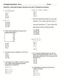 Pre Algebra Placement Or Exit Exam Pre Algebra Algebra Exam