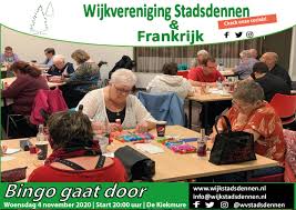 El bingo (del inglés bingo) es un juego de azar que consiste en un bombo con un número determinado de bolas numeradas en su interior. De Bingo 4 November Gaat Door Wijkvereniging Stadsdennen Frankrijk