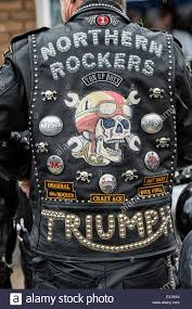 Rockers Leather Jacket Covered In Studs Patches And Badges Ton Up Stock Photo Royalty Free Painted Leather Jacket Custom Leather Jackets Leather Jacket Men