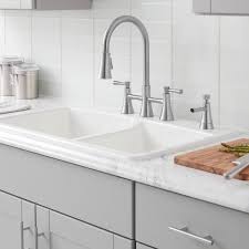 Faucet depot is a leading retailer of kitchen faucets, bathroom faucets, sinks, showers, and plumbing supplies from kohler, moen, insinkerator since 1996, over 250,000 customers have trusted faucet depot with unmatched service, selection and prices for their home and commercial plumbing supplies. Glacier Bay Selma 2 Handle Pull Down Sprayer Bridge Kitchen Faucet With Soap Dispenser In Stainless Steel Hd67065 0108d2 The Home Depot Kitchen Faucet Soap Dispenser Faucet