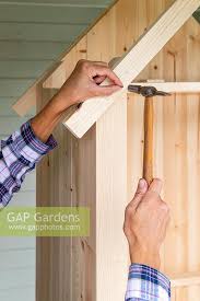 Befestigen Sie Den Dachsparren Mit Einem Kleinen Hammer Und Nageln Am Senkrechten Holz Des Schuppens In 2020 Mini Gartenhaus Schuppen Gartenhaus