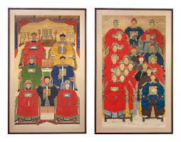The ancient chinese art of painting began on cave walls in the neolithic period and later emerged as ink and wash painting during the tang dynasty. Two Large Chinese Ancestor Portraits