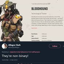 Since There S Been Some Discussion Around Their Gender Bloodhound Is Non Binary According To The Voice Actress Apexlegends Every voice actor of all apex legends characters including revenant. bloodhound is non binary according to