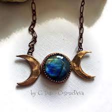 Triple Moon Goddess Blue Labradorite Bronze Necklace Moon Goddess Jewelry Moon Goddess Necklace Bronze Necklace