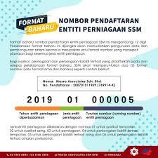 Format nombor baharu itu mengandungi empat nombor pertama menunjukkan tahun entiti perniagaan tersebut diperbadankan, dua nombor berikutnya menunjukkan jenis entiti perniagaan dan enam nombor berikutnya adalah turutan nombor entiti. Format Baru Nombor Massa Associates Sdn Bhd Facebook