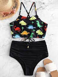 Zaful Dinosaur Lace Up Tummy Control Tankini Swimsuit Black Ad Lace Tummy Zaful Dinosaur Swimsuits Outfits Cute Bathing Suits Swimsuits For Teens