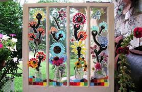 This faux stained glass window project is a fun way to dress up your windows, and easy to remove using washable finger paint.during quarantine i was looking for a fun way to entertain learn how to take a chippy old wooden door and turn it into a beautiful desk for your cottage farmhouse home office. Winsome Window Mosaics For The Garden Flea Market Gardening