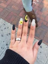 Yellow And Black Acrylic Nail Designs Sun Flower Nail Design Cute Strips Black And White Yellow Long Square Nails Sunflower Nails Yellow Nails