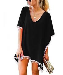 Black Beach Cover Up Buy Women S Pom Pom Trim Kaftan Chiffon Swimwear Beach Cover Up Black Cz18cin7wsh Shop The Latest C Stylish Beachwear Stylish Swimsuits Beach Wear Dresses