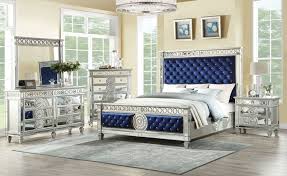 Acme 26150q 5 Pc Varian Mirrored Silver Fininsh Wood Dark Blue Fabric Queen Bedroom Set Classic Bedroom Furniture Bedroom Set Bedroom Sets Queen