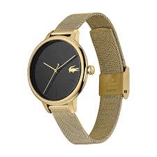 Acier inox, or jaune, or rose ou noir. Montre Lacoste 2001102 Boitier Acier Dore Rond Cadran Noir Bracelet Acier Maille Milanaise Dore Femme Sur Bijourama Montre Femme Pas Cher En Ligne