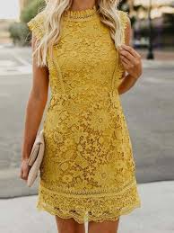 Stand Collar Above Knee Lace Travel Look Summer Dress 2019 Summer Fashion Collar Dress Fashion Knee Mustard Lace Dress Summer Cocktail Dress Fashion