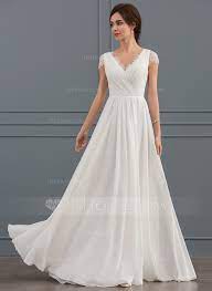 Us 214 00 A Line V Neck Floor Length Chiffon Lace Wedding Dress With Ruffle Jj S House Wedding Dresses Lace Short Wedding Dress Wedding Dress Sleeves