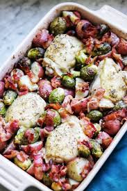 Ranch Baked Chicken Thighs With Bacon Brussels Sprouts And Potatoes Recipe Fab Everyday Recipe Baked Chicken Thighs Chicken Thighs Dinner Chicken Recipes