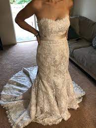 White lace overlay floor length wedding dress with beaded. Allure Bridals Champagne Satin With Lace Overlay Style 9117 Feminine Wedding Dress Size 8 M Tradesy