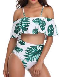 Off Shoulder Bikini Set Ruffle Flounce Top Swimsuit For Women Two Picec High Waist Bathing Suits Swimsuits High Waisted Monokini Swimsuits Girls Bathing Suits