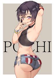 jairou, pochi (jairou), original, absurdres, highres, 1boy, :p, american  flag, american flag print, arm up, armpits, ass, black hair, blush, border,  character name, colored sclera, covered erect nipples, cowboy shot, crop  top,