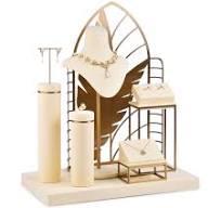 Retail Counter Table Top Beige Microfiber Wood Jewelry Displays Set for Ring Earrings Necklace Bracelets