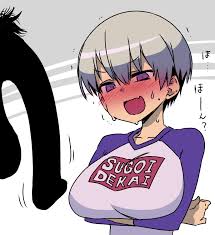 hitotose rin, uzaki hana, uzaki-chan wa asobitai!, highres, 1boy, 1girl,  arms under breasts, blush, breasts, crossed arms, fang, flaccid, large  breasts, looking at penis, motion lines, penis, penis awe, penis  silhouette, purple