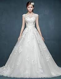219 99 Ball Gown Bateau Neck Court Train Tulle Made To Measure Wedding Dresses With Beading Appliques Sash Ribbon By Discount Wedding Dresses A Line Wedding Dress Ball Gown Wedding Dress