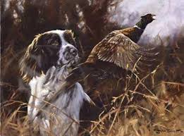 Black And White English Springer Spaniel Hunting Pheasant Flushed Springer Print By John Trickett Dog Print Art Dog Art Hunting Art