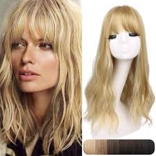Women who love simple and easy to maintain looks but with a bit of an attitude will simply enjoy this wavy cut with bleached out ends and flat bangs. Amazon Com Reecho 18 Synthetic Wiglet Hair Topper With Straight Bangs 3 Clips In Wavy Curly Hair Extensions Hair Closure Piece Hairpieces For Women 25 613 Beauty