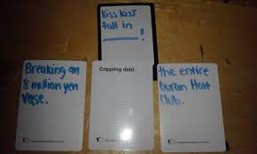 Just give me cues with blanks (up to three) and responses. é­‚ã®å…±é³´ Playing Cards Against Humanity With Anime Fans And