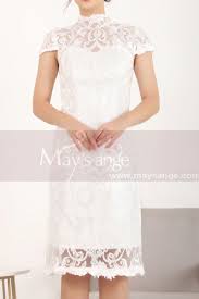 Robe fourreau courte col v manches courtes. Robe Blanche Courte Pour Fiancailles En Dentelle Col Ferme Ref C905 Robe De Cocktail