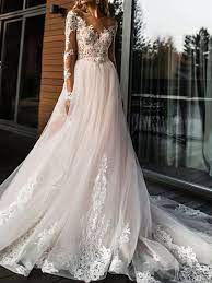 See more ideas about wedding dresses, dresses, wedding dresses lace. Brautkleider 2021 A Linie V Ausschnitt Langarm Spitze Applique Tull Brautkleider Mit Kapelle Schleppe Milanoo Com