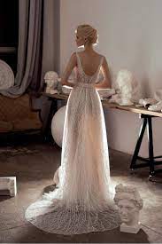 Illusion Transparent Open Back Sexy Lace Wedding Dress Simple Boho Glitter Tulle Ivory Blush Beach Wedding Gown Modern Light Belt Elegant Sexy Lace Wedding Dress Wedding Dresses Simple Wedding Dresses Lace