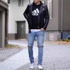 Streetstyle By Wowa Valentino Black Leather Jacket Adidas Hoodie Ripped Jeans And Sneakers Http Mens Streetwear Mens Clothing Styles Mens Street Style