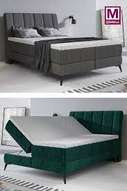 boxspring acotta in grijze stof of groen velvet in 140 160 of 180 bij 200 cm met gasliftsysteem meubel ideeen luxe bed industriele slaapkamer