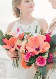 Silk Flowers Hibiscus Spray In Orange Coral 26 Tall Hibiscus Wedding Tropical Wedding Bouquets Flower Bouquet Wedding