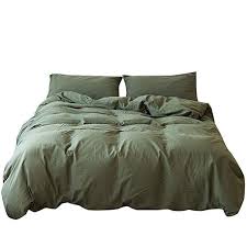 Mkxi Bedding Sets Dark Green Natural 100 Washed Cotton Duvet Cover Set With Zipper Cloure Simple Style Queen Duvet Cover Sets Bedding Sets Cotton Duvet Cover