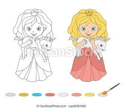 Printable unicorn princess love coloring page. Illustration Of Beautiful Princess With Baby Unicorn Coloring Book Page Vector Canstock