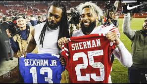 San francisco 49ers quarterback joe montana versus new england patriots qb tom brady. Odell Beckham Jr Swap Jerseys With Cornerback Richard Sherman In Monday Night Game Against San Francisco 49ers Beckham Jr Odell Beckham Jr Beckham