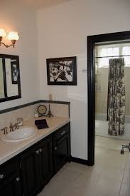 French Country Bathroom In Black White Inspired By The Toile Shower Curtain Guest Bathroom Small Tan Bathroom Bathroom Remodel Designs