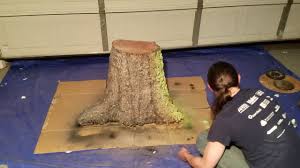To create a fake tree for the set of a play, simply carve out large pieces of foam into the shape of a tree trunk, apply acetone for a bark texture and color, and insert real tree branches into the top of the foam. Foam Tree Stump Prop Build Part 3 Youtube