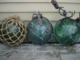 4 blown glass floats in rope net blue red green amber ball fishing boat nautical. Glass Floats Traditional Marine Outfitters