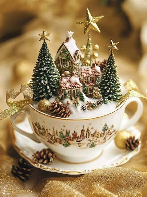 Adorable idea: tea cup winter scenes with nutcrackers, pine trees, flowers,  buttons and berries 🎄