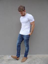 Black And White Combination T Shirt Men S White Crew Neck T Shirt Blue Jeans Tan Suede Chelsea Boots Mens Fashion Edgy Mens Outfits Tan Suede Chelsea Boots