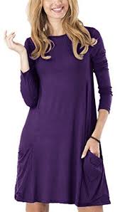 Women S Long Sleeve Pockets Casual Swing Plain T Shirt Dress M Purple Womens Tunic Dress Cotton Tunic Dress Simple Tunic