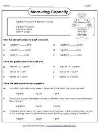 capacity worksheets gallons quarts pints and cups