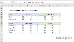 excel formula carry on baggage inches to centimeters exceljet