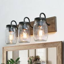 Looking for new farmhouse black bathroom vanity lighting for sale online? Lnc Farmhouse Bathroom Vanity Light 3 Light Dimmable Powder Room Wall Sconce With Faux Wood Accents Clear Mason Jar Shades Ir2irzhd13551p6 The Home Depot