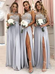 Vintage Lace Appliqued Silver Bridesmaid Dresses With Thigh Split Ard1759 Vintage Bridesmaid Dresses Silver Bridesmaid Dresses Bridesmaid Dresses