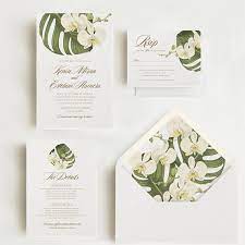 White Orchid Palm Leaf Botanical Illustration Wedding Invitation Set Hawaii Bali Mexico Destination Wedding Classic Design Sample Set In 2021 Orchid Wedding Invitations Destination Wedding Invitations Destination Wedding Mexico