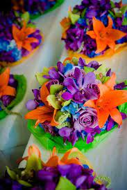 Blue purple and orange flowers. A Summer Jewish Wedding In Chicago Mazelmoments Com Summer Wedding Colors Wedding Bridesmaid Bouquets Purple Bridesmaid Bouquets