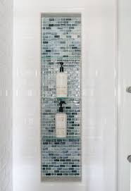 Large Shower Niche With Glass Tiles And Glass Shelves Blue Glass Shower Inset With White Subway Til Glass Tile Shower Glass Tile Bathroom Bathroom Shower Tile